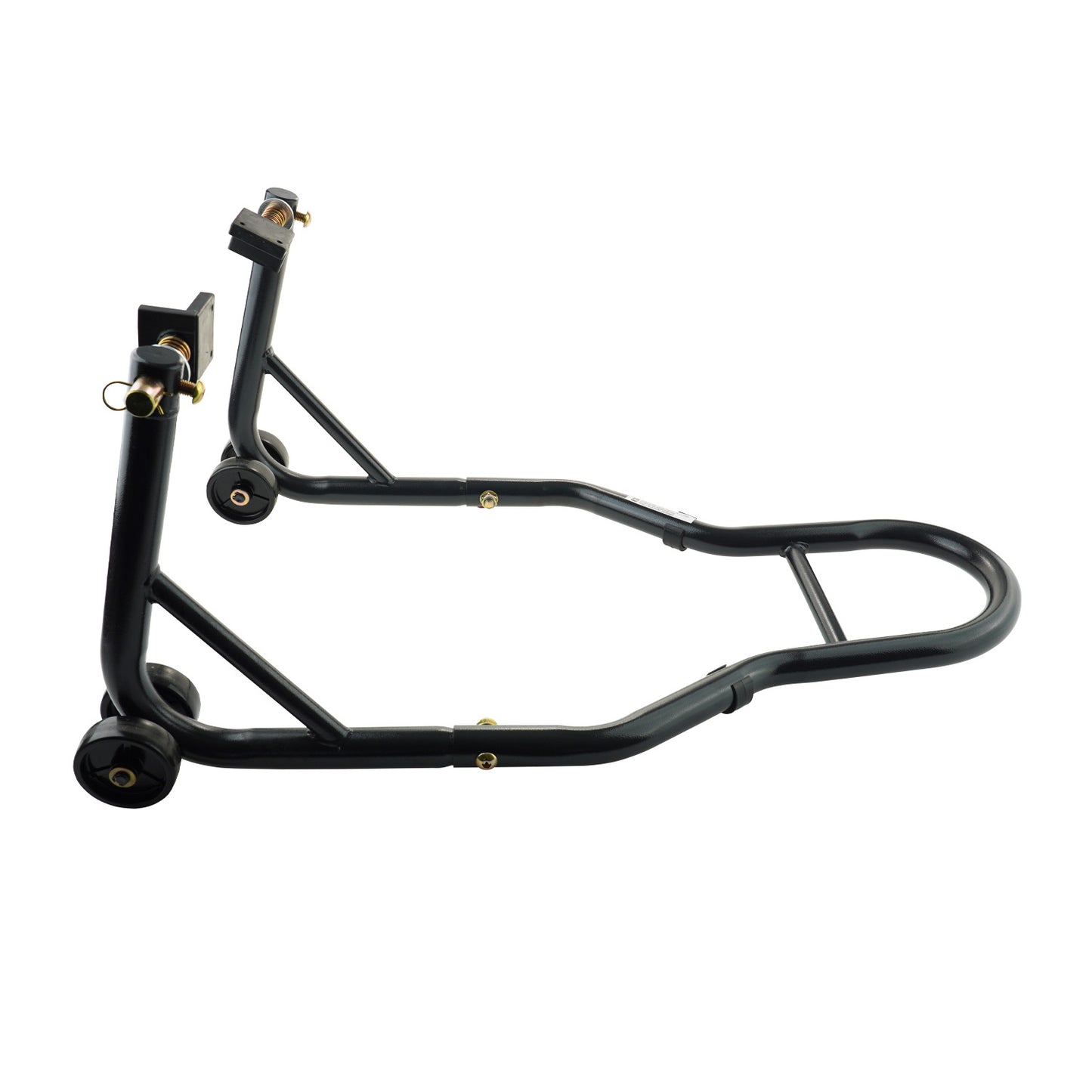 Side view of black rear wheel motorcycle stand on a white background, designed for easy bike maintenance and storage. - Rear Wheel Motorcycle Stand | TLRWMSVL
