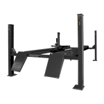 Charcoal grey four-post workshop car hoist with drive-on ramps and adjustable platforms, designed for vehicle maintenance. - 4 Post Wheel Alignment Hoist – 4 Ton | TLV4.0WHWA (includes rolling jack)