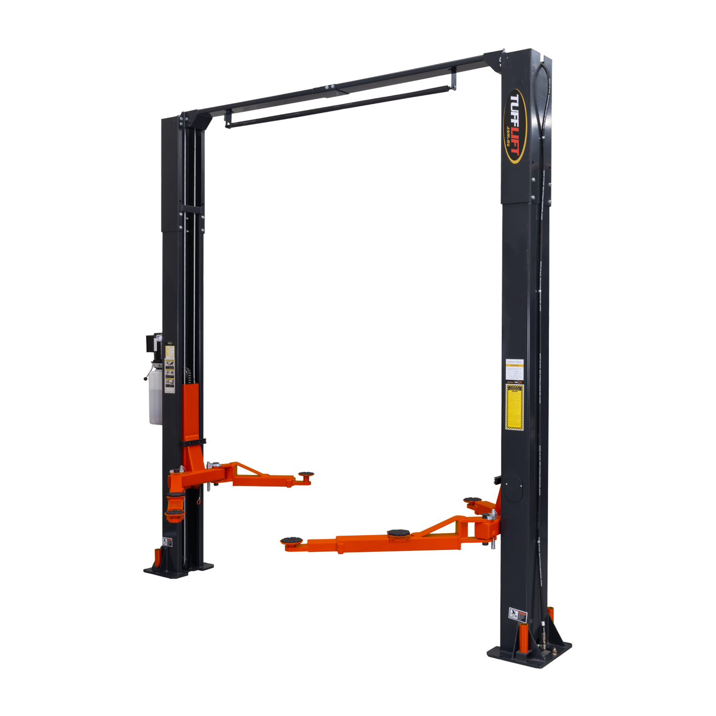 Heavy-duty 2 post car hoist with a dark grey frame and bright orange adjustable arms, ideal for professional automotive lifting and maintenance. - 2 Post Hoist Clear Floor - 5.5 Ton | TLV5.5OH