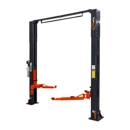 Heavy-duty 2 post car hoist with a dark grey frame and bright orange adjustable arms, ideal for professional automotive lifting and maintenance. - 2 Post Hoist Clear Floor - 5.5 Ton | TLV5.5OH