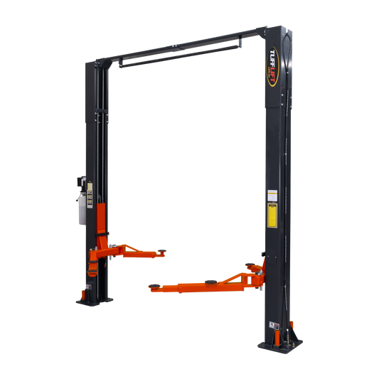 Heavy-duty 2 post car hoist with a dark grey frame and bright orange adjustable arms, ideal for professional automotive lifting and maintenance. - 2 Post Hoist Clear Floor - 5.5 Ton | TLV5.5OH