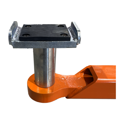 Close-up of an adjustable arm pad and adapter on a 2 post car hoist, highlighting the sturdy rubber pad and robust metal construction for reliable vehicle lifting. - 2 Post Hoist Clear Floor - 5.5 Ton | TLV5.5OH