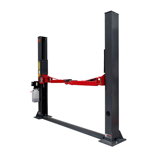 A 2 post car hoist with red arms and dark grey posts. 2 Post Baseplate Hoist - 4 Ton | TLD4.0BP