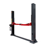 A 2 post car hoist with red arms and dark grey posts. 2 Post Baseplate Hoist - 4 Ton | TLD4.0BP
