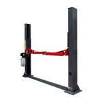 A 2 post car hoist with red arms and dark grey posts. 2 Post Baseplate Hoist - 4 Ton | TLD4.0BP
