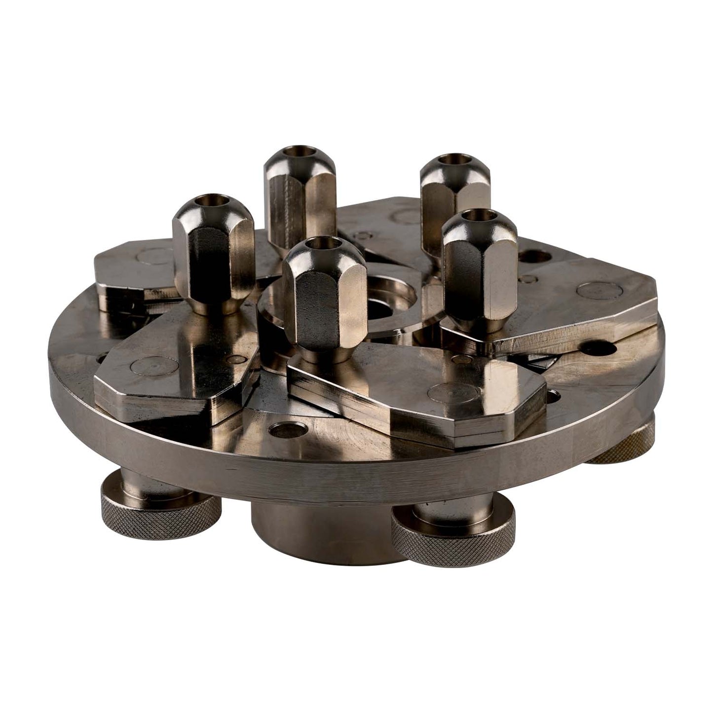 Close-up of a wheel balancer adapter with hex bolts and a central opening, used for mounting and balancing wheels. - Universal Wheel Balancer Adaptor & Special Wrench - 40mm