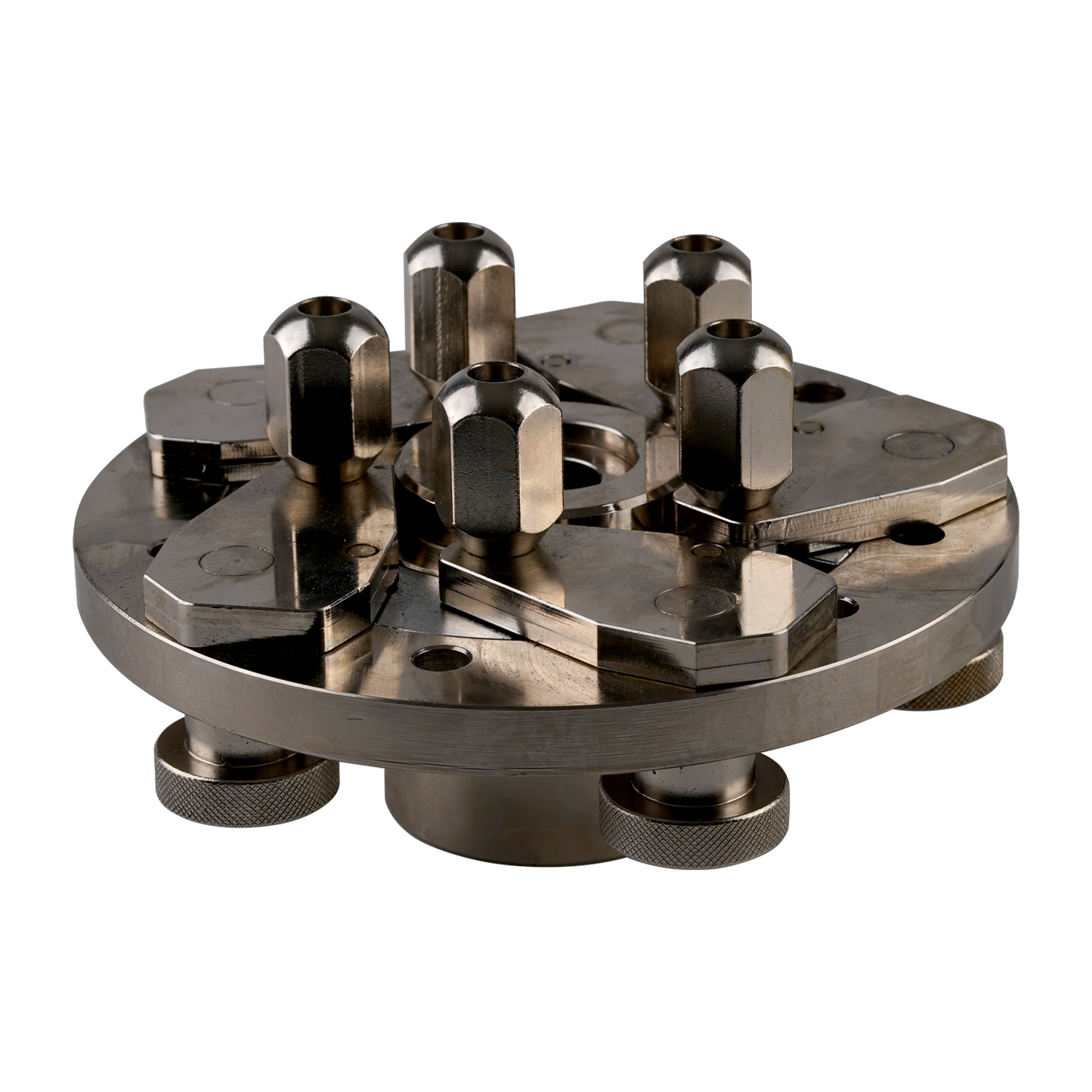 Close-up of a wheel balancer adapter with hex bolts and a central opening, used for mounting and balancing wheels. - Universal Wheel Balancer Adaptor & Special Wrench - 40mm