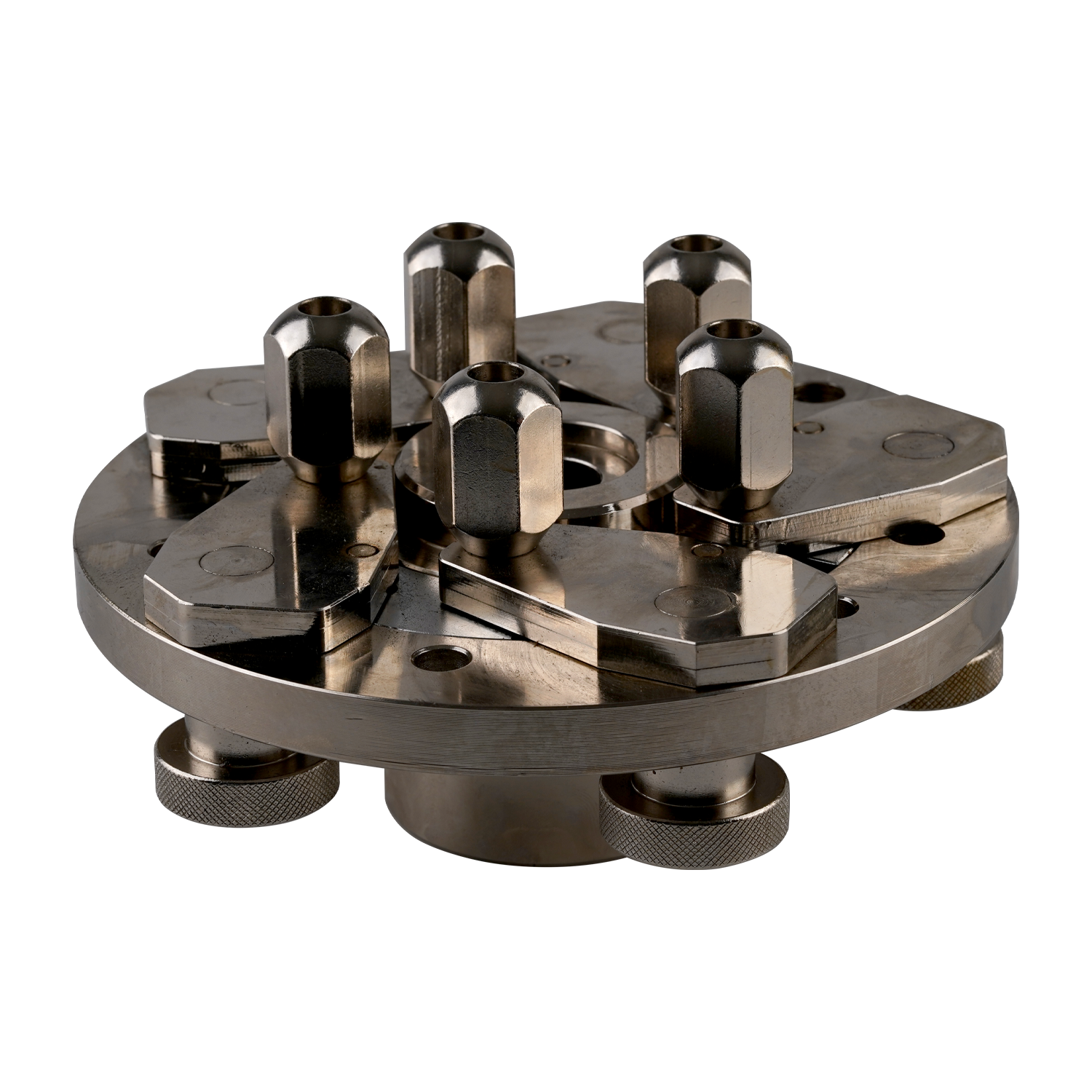 Close-up of a wheel balancer adapter with hex bolts and a central opening, used for mounting and balancing wheels. - Universal Wheel Balancer Adaptor & Special Wrench - 40mm