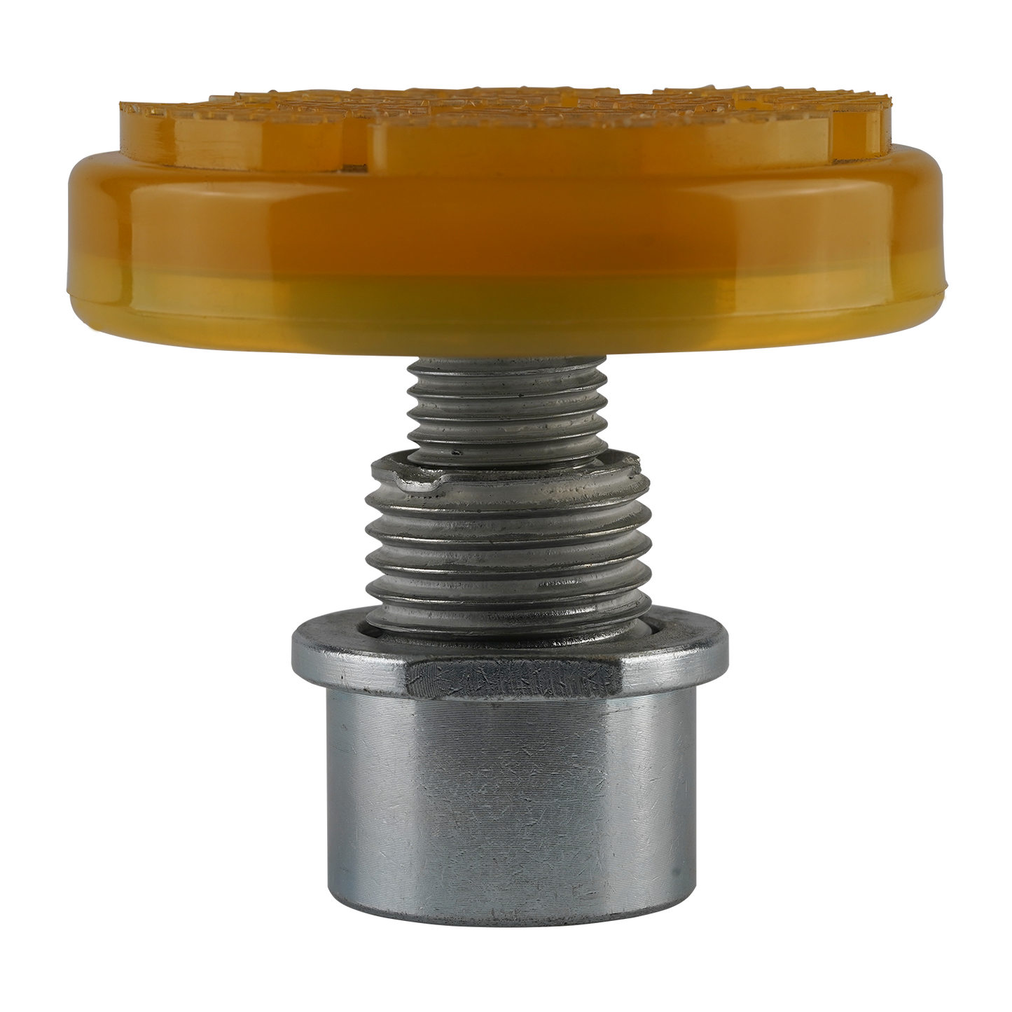 Close-up of a yellow pad for a two post car hoist, featuring a threaded metal base for secure attachment. - 2 Post Car Hoist - Low Profile Arms 85mm - Clear Floor - 4 Ton | EE-C9LPA