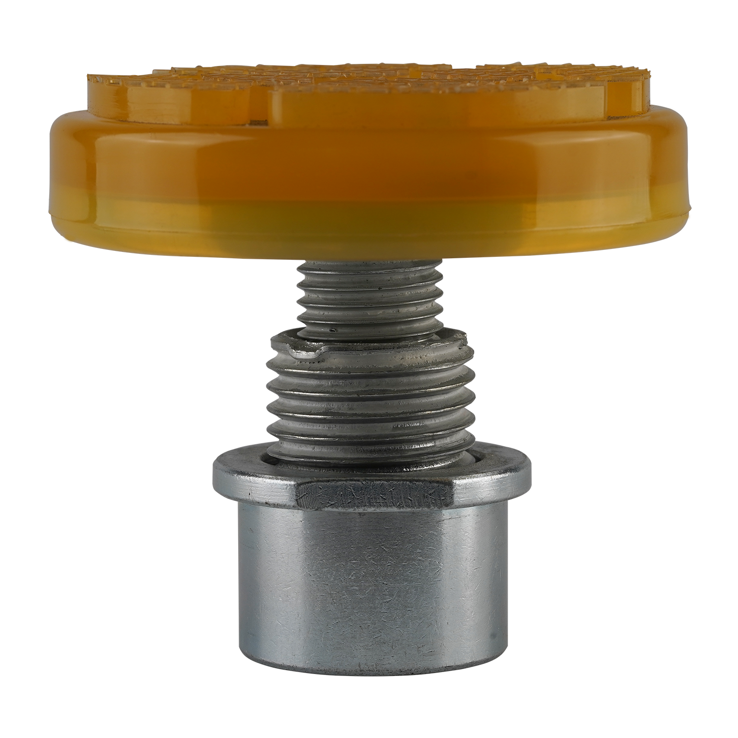 Close-up of a yellow pad for a two post car hoist, featuring a threaded metal base for secure attachment. - 2 Post Car Hoist - Low Profile Arms 85mm - Clear Floor - 4 Ton | EE-C9LPA