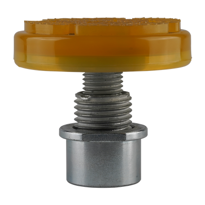 Close-up of a yellow pad for a two post car hoist, featuring a threaded metal base for secure attachment. - 2 Post Car Hoist - Low Profile Arms 85mm - Clear Floor - 4 Ton | EE-C9LPA