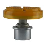 Close-up of a yellow car hoist pad with a threaded metal base for secure attachment, designed for use with two post lifts. - 2 Post Car Hoist - Low Profile Arms 85mm - Clear Floor - 4 Ton | EE-C9LPA