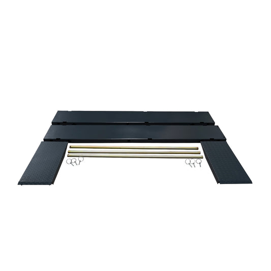 Motorcycle hoist width extension kit components, including steel ramps, two parallel extension platforms, support bars, and securing pins.