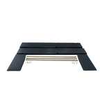 Motorcycle hoist width extension kit components, including steel ramps, two parallel extension platforms, support bars, and securing pins.