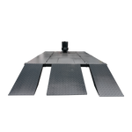 Motorcycle hoist with a width extension kit and three diamond-plate ramps from a rear perspective. The wide setup provides ample room for handling larger motorcycles or equipment in a workshop environment. 