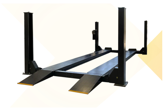 Black 4 post vehicle hoist with drive-on ramps
