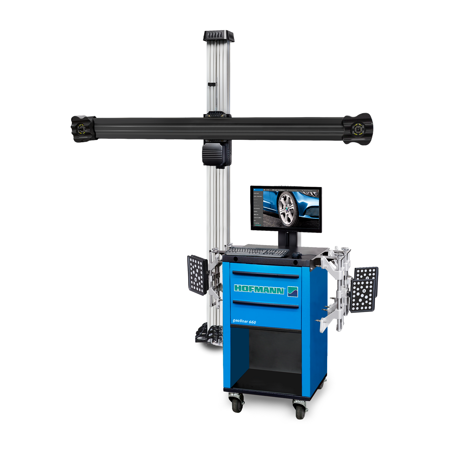 A blue Hofmann Geoliner 660 wheel aligner with a digital display and sensor arms, used for precise vehicle alignment. The system includes an overhead camera bar for capturing alignment data.