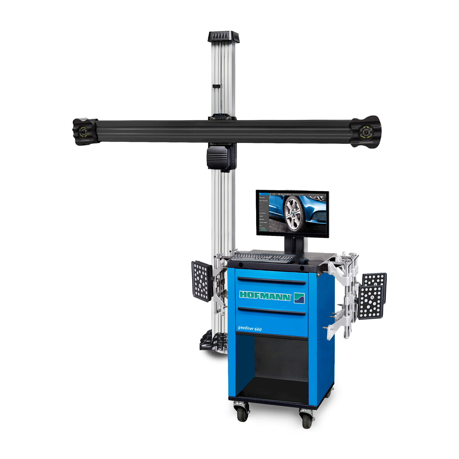 A blue Hofmann Geoliner 660 wheel aligner with a digital display and sensor arms, used for precise vehicle alignment. The system includes an overhead camera bar for capturing alignment data.