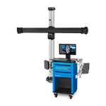 A blue Hofmann Geoliner 660 wheel aligner with a digital display and sensor arms, used for precise vehicle alignment. The system includes an overhead camera bar for capturing alignment data.