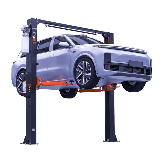 A silver SUV raised on a black two-post clear floor car hoist with orange lifting arms, showcasing the hoist’s lifting capability and sturdy design.